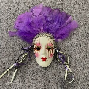 Mardi Gras Ceramic Mask W/ Purple Feathers & Ribbons Wall Mask Decor